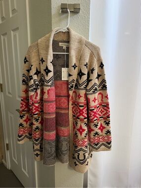Lucky Brand Beige Open-Front Aztec Knit Cardigan with Red & Black Accents NWT